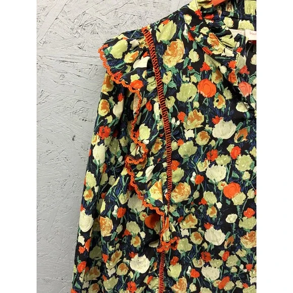 Hailey & Co Blouse Women's Large Black Orange Green Floral Ruffle V Neck Boho - Picture 3 of 11